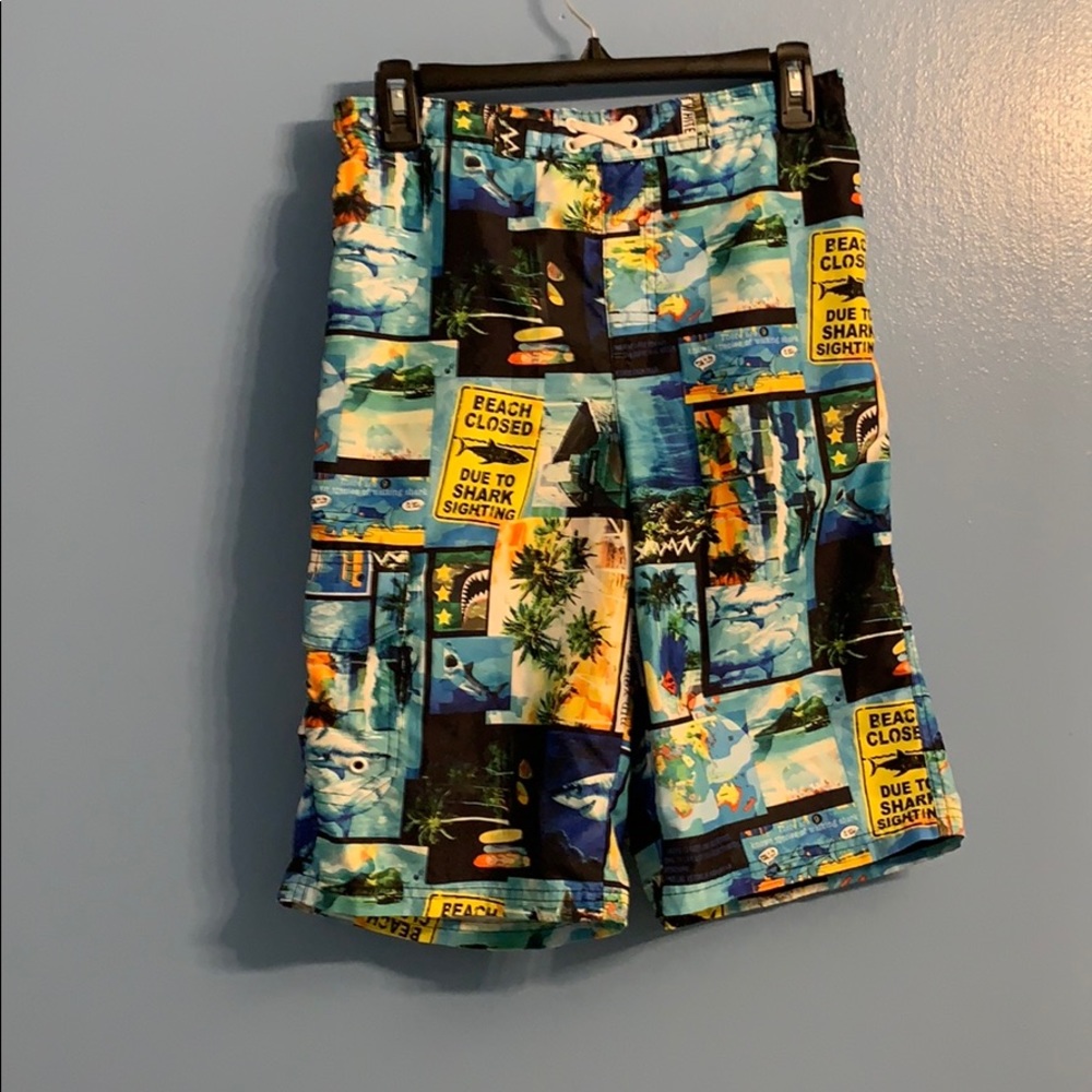 Boys XXL 18 swim trunks blue sharks